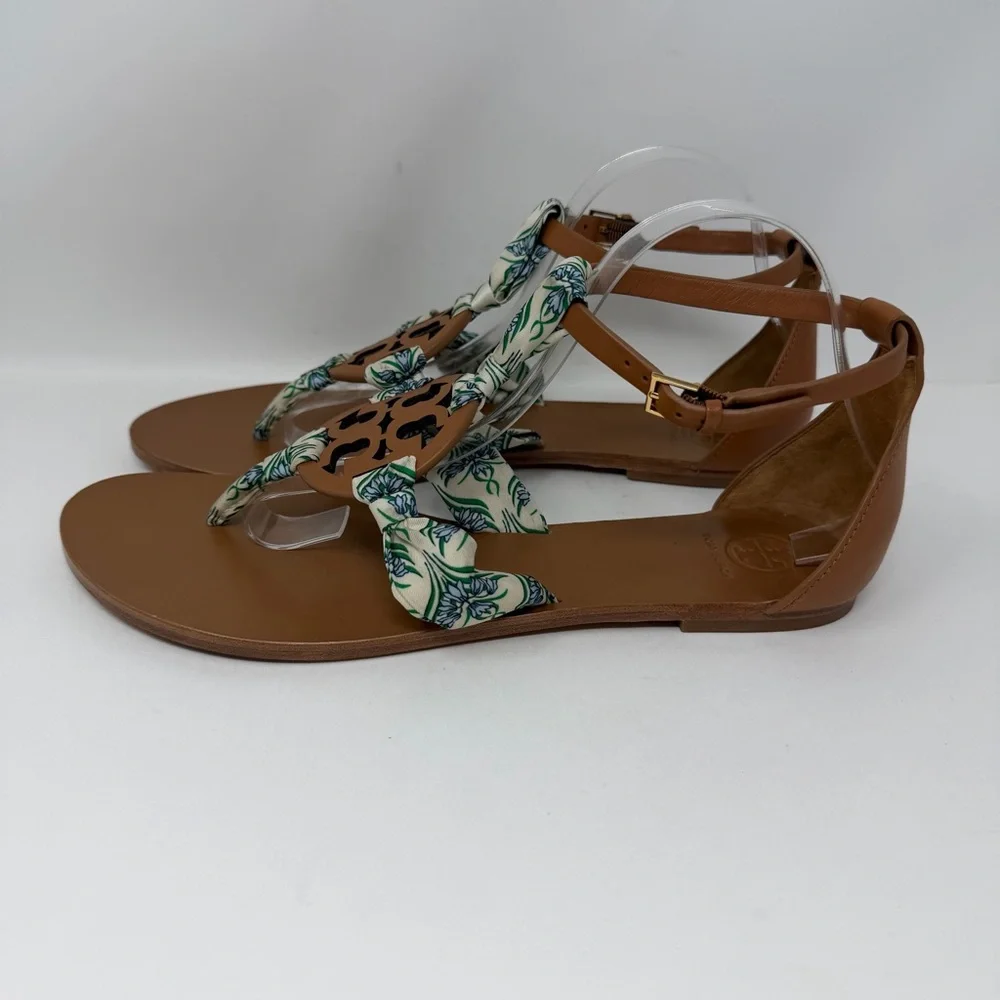 Tory Burch Miller Leather Scarf Thong Sandals Brown White Blue Green Size 11